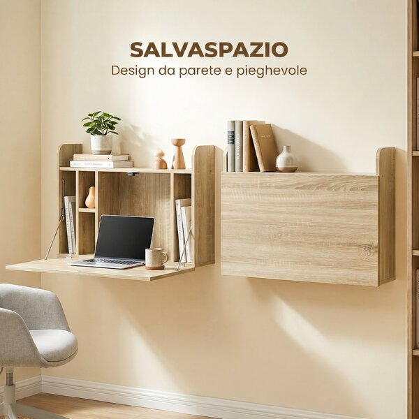 HOMCOM Scrivania da Parete, Tavolo Pieghevole con Ripiani Salvaspazio per Casa e Ufficio, 77 x 20 x 51 cm | Aosom Italy