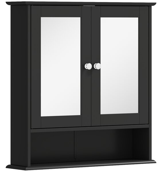 Kleankin Armadio da Bagno con Specchio Armadio da Parete con 2 Ante Ripiano Aperto Ripiano Regolabile 56x13x58cm Nero | Aosom Italy