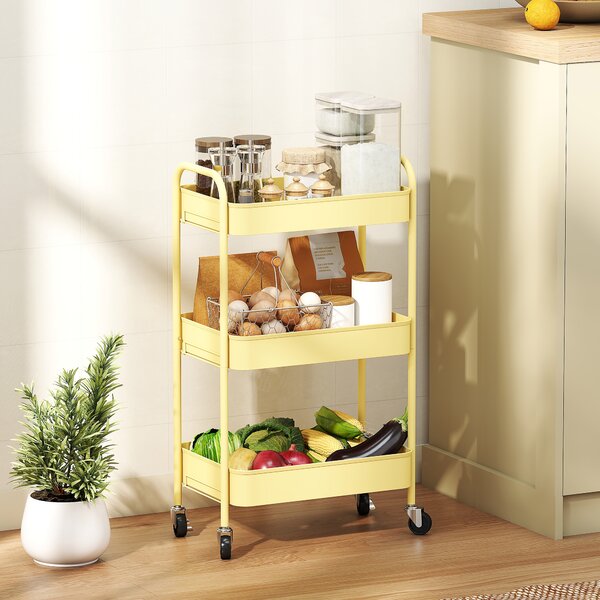HOMCOM Carrello ausiliario su ruote a 3 livelli Carrello da cucina con 3 cestelli e 2 maniglie 45x30,6x79 cm Giallo | Aosom Italy