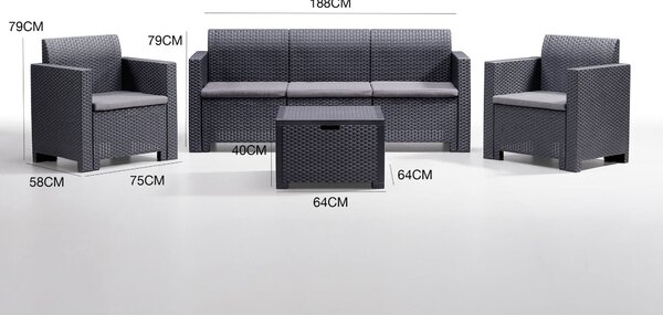Salotto da esterno divano e 2 poltrone e 1 tavolino contenitore antracite - Admiral