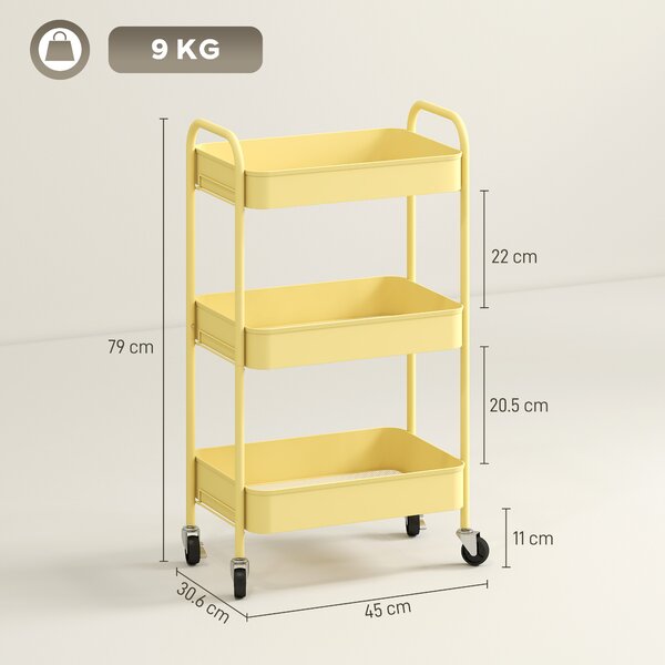 HOMCOM Carrello ausiliario su ruote a 3 livelli Carrello da cucina con 3 cestelli e 2 maniglie 45x30,6x79 cm Giallo | Aosom Italy
