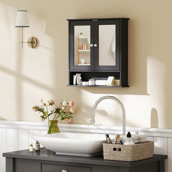Kleankin Armadio da Bagno con Specchio Armadio da Parete con 2 Ante Ripiano Aperto Ripiano Regolabile 56x13x58cm Nero | Aosom Italy