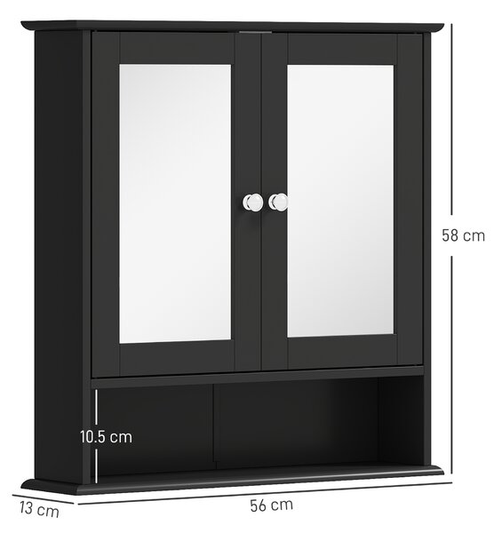 Kleankin Armadio da Bagno con Specchio Armadio da Parete con 2 Ante Ripiano Aperto Ripiano Regolabile 56x13x58cm Nero | Aosom Italy