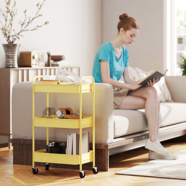 HOMCOM Carrello ausiliario su ruote a 3 livelli Carrello da cucina con 3 cestelli e 2 maniglie 45x30,6x79 cm Giallo | Aosom Italy