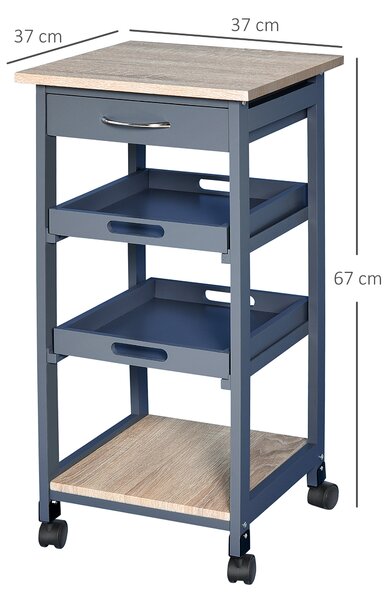 HOMCOM Carrello da Cucina con Cassetto, 2 Vassoi Estraibili e Ripiano Fisso, in Legno di Pino e MDF, 37x37x76 cm|Aosom