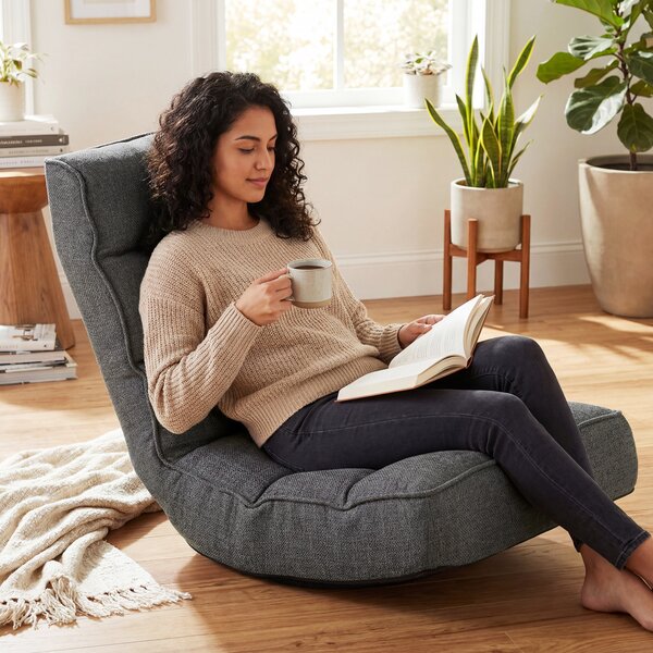 HOMCOM Sedia da pavimento pieghevole Poltrona da lettura girevole 360° con schienale regolabile in 5 posizioni 58x107x79 cm Grigio | Aosom Italy