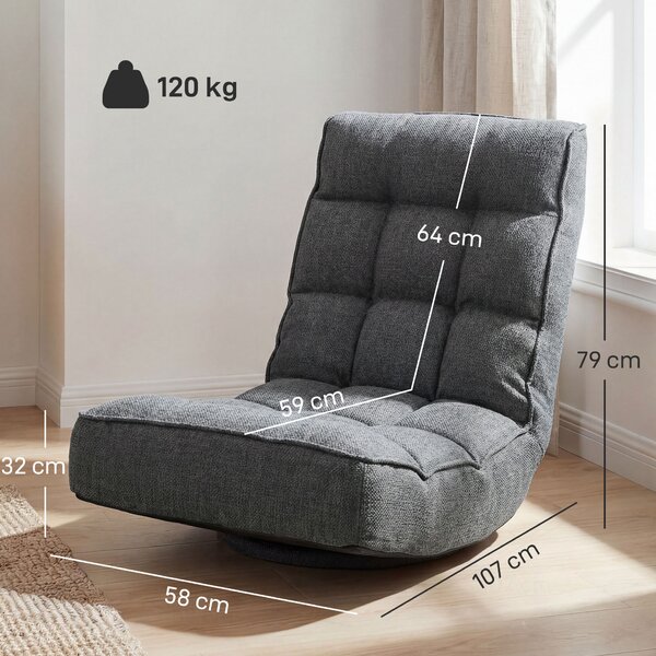 HOMCOM Sedia da pavimento pieghevole Poltrona da lettura girevole 360° con schienale regolabile in 5 posizioni 58x107x79 cm Grigio | Aosom Italy