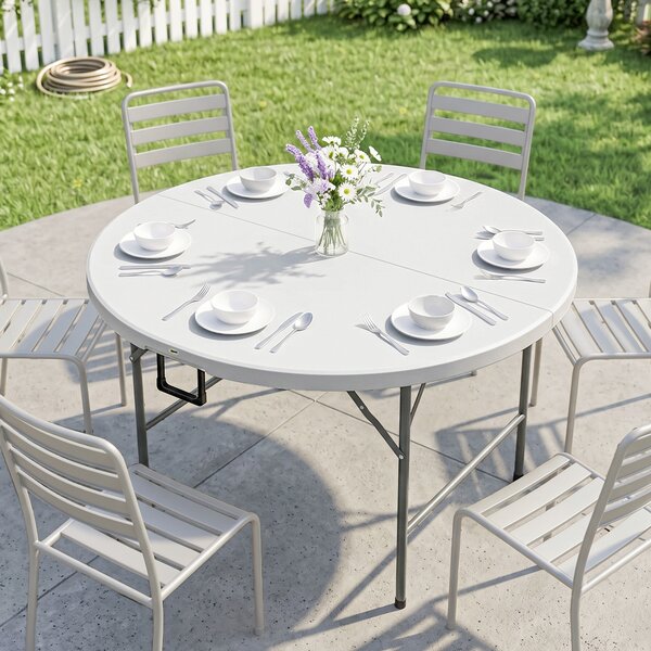 Outsunny Tavolo Pieghevole per Giardino e Campeggio, in Acciaio e HDPE, Ø122x73 cm, Grigio e Bianco|Aosom