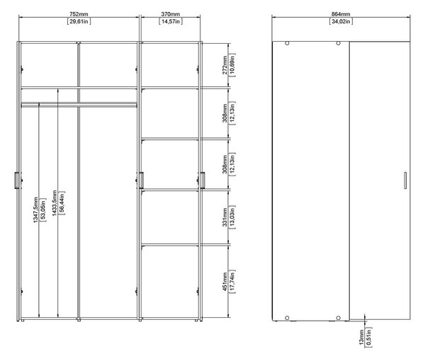 Guardaroba 3 Ante Bianco Appendiabiti 5 Ripiani 115x49 cm, Apertura Battente - Ruffano