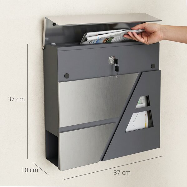 HOMCOM Cassetta postale da parete resistente alle intemperie con portariviste e 2 chiavi per esterno, Grigio scuro | Aosom Italy