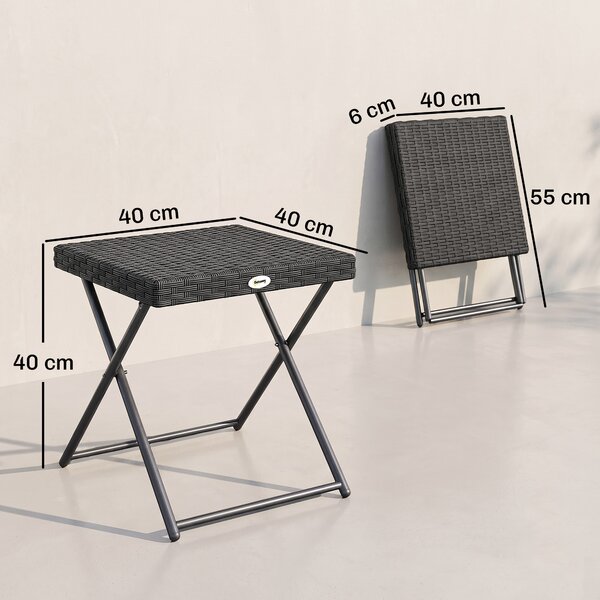 Outsunny Tavolino da Giardino Pieghevole Salvaspazio in Rattan Sintetico e Acciaio, 40x40x40cm, Nero|Aosom