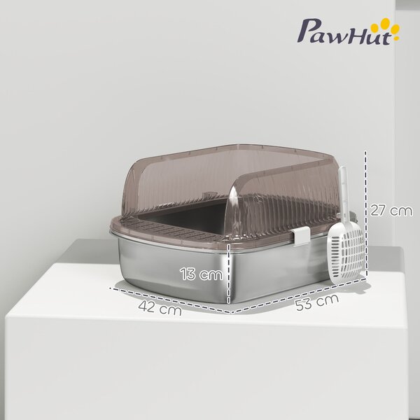 PawHut Lettiera per Gatti Extra Large con Vassoio in Acciaio Inox, Paletta, Bordi Alti, Fino a 15 kg, Grigio Carbone | Aosom Italy