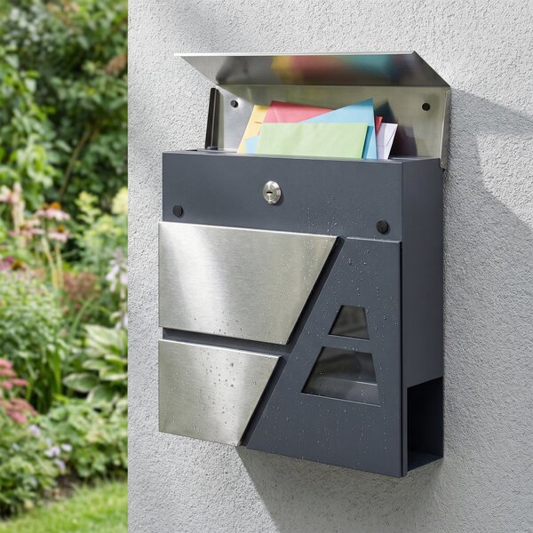 HOMCOM Cassetta postale da parete resistente alle intemperie con portariviste e 2 chiavi per esterno, Grigio scuro | Aosom Italy