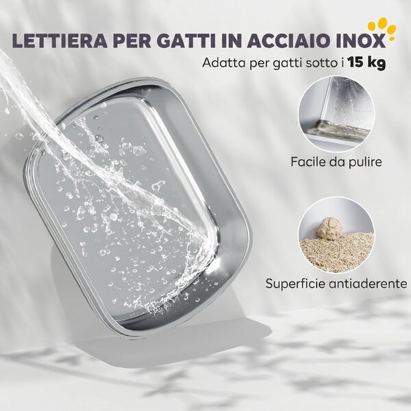 PawHut Lettiera per Gatti Extra Large con Vassoio in Acciaio Inox, Paletta, Bordi Alti, Fino a 15 kg, Grigio Carbone | Aosom Italy