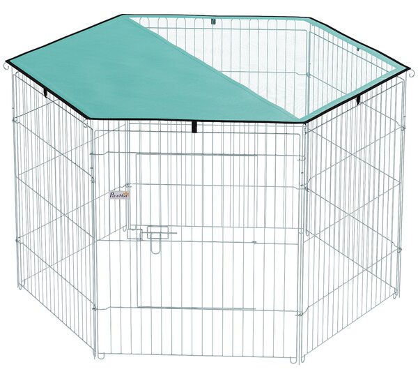 PawHut Recinto per cani, recinto per cani 6 pannelli con tetto, modulabile e pieghevole, recinto portatile 76H cm con porta argento verde | Aosom Italy