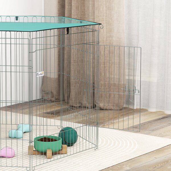 PawHut Recinto per cani, recinto per cani 6 pannelli con tetto, modulabile e pieghevole, recinto portatile 76H cm con porta argento verde | Aosom Italy