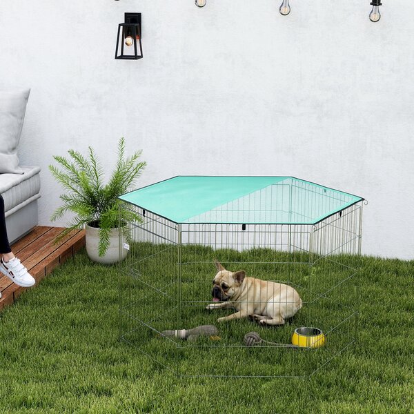 PawHut Recinto per cani, recinto per cani 6 pannelli con tetto, modulabile e pieghevole, recinto portatile 76H cm con porta argento verde | Aosom Italy
