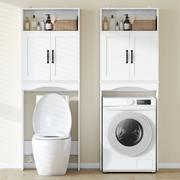 HOMCOM Armadio sopra il WC Mobile da bagno con 2 ante a chiusura silenziosa Ripiano aperto 64x21x173,5 cm Bianco | Aosom Italy