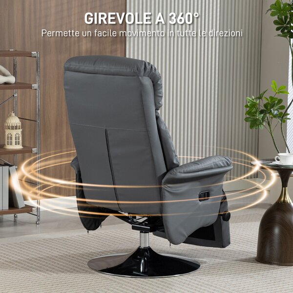 HOMCOM Poltrona Relax Girevole Reclinabile 130° con Poggiapiedi, Braccioli Svasati, in Finta Pelle, Grigio | Aosom Italy