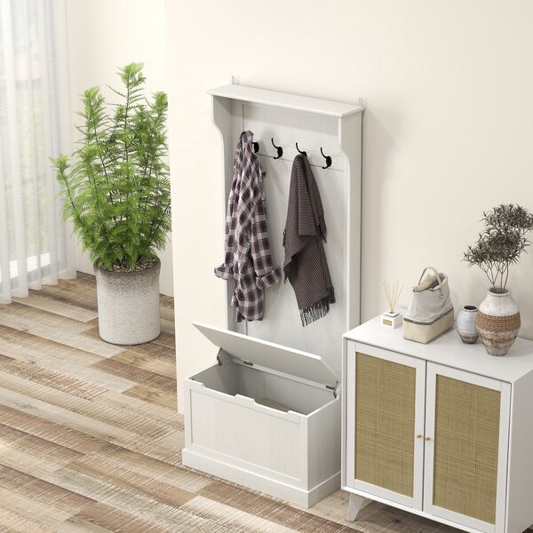HOMCOM Attaccapanni Scarpiera con Panca Contenitore 4 Ganci Stile Moderno 71,5x39,5x170 cm Bianco | Aosom Italy