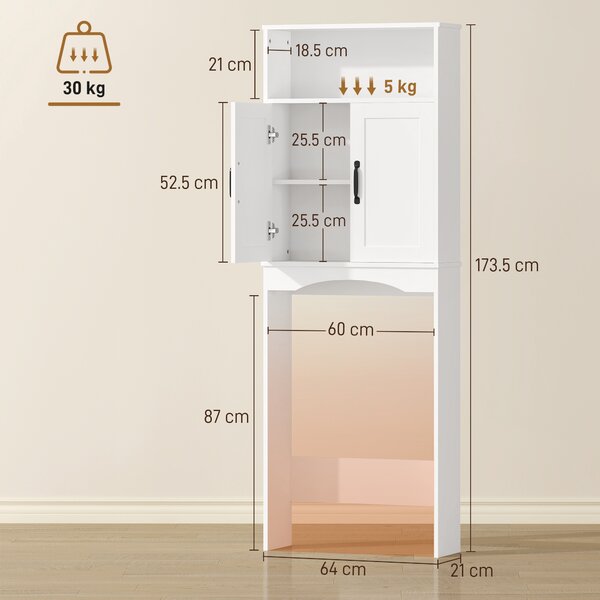 HOMCOM Armadio sopra il WC Mobile da bagno con 2 ante a chiusura silenziosa Ripiano aperto 64x21x173,5 cm Bianco | Aosom Italy