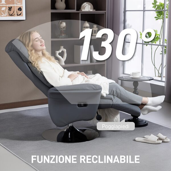 HOMCOM Poltrona Relax Girevole Reclinabile 130° con Poggiapiedi, Braccioli Svasati, in Finta Pelle, Grigio | Aosom Italy
