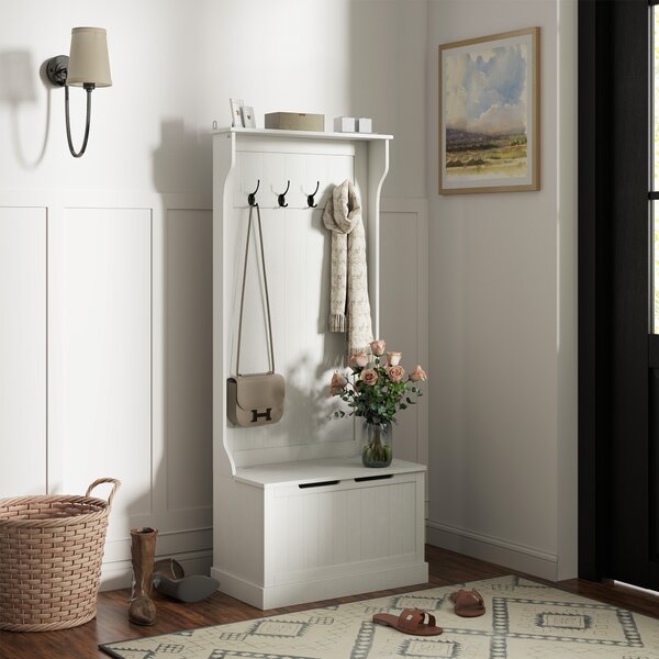 HOMCOM Attaccapanni Scarpiera con Panca Contenitore 4 Ganci Stile Moderno 71,5x39,5x170 cm Bianco | Aosom Italy