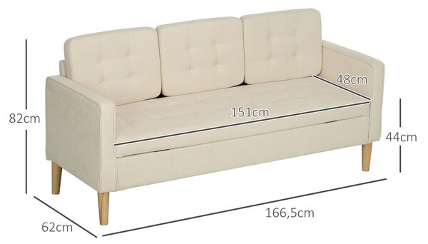 HOMCOM Divano 3 posti in flanella effetto neve, divano moderno con scomparto nascosto, schienale capitonné, 166,5 x 62 x 82 cm, crema | Aosom Italy