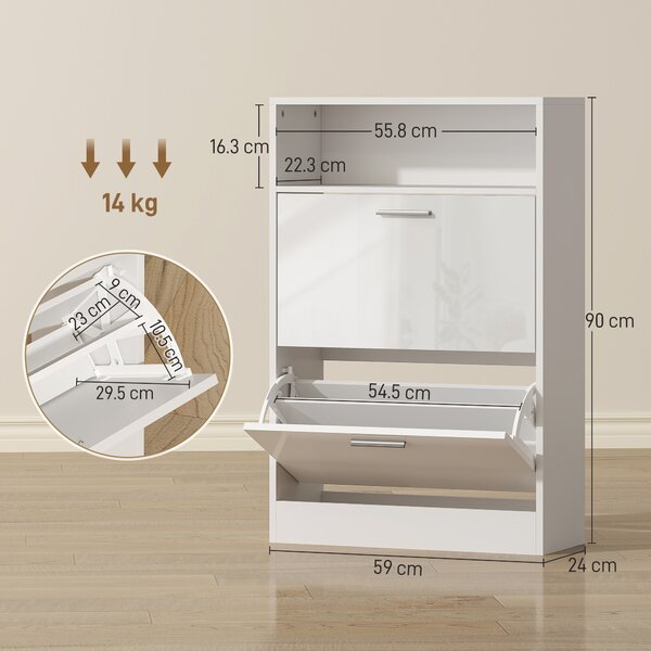HOMCOM Scarpiera 8 paia, scarpiera, 2 cassetti ribaltabili, mensole regolabili e vano, bianco | Aosom Italy