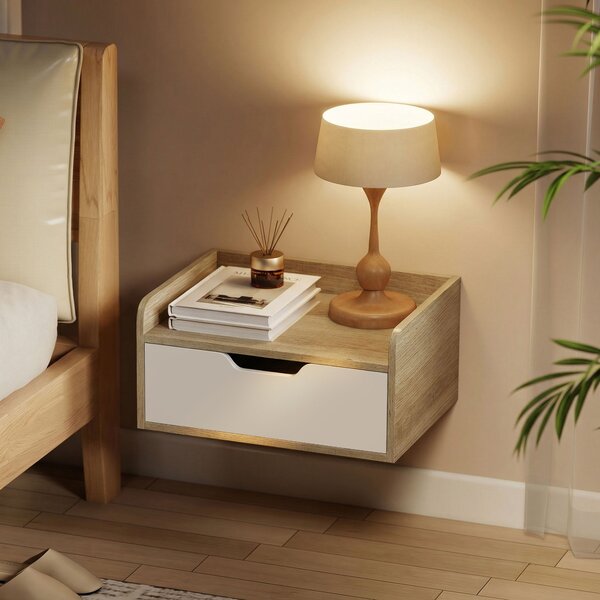 HOMCOM Set da 2 comodini da parete, comodini con cassetto e ripiano con bordi rialzati, 40x30x19,5cm, legno naturale | Aosom Italy