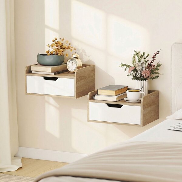 HOMCOM Set da 2 comodini da parete, comodini con cassetto e ripiano con bordi rialzati, 40x30x19,5cm, legno naturale | Aosom Italy