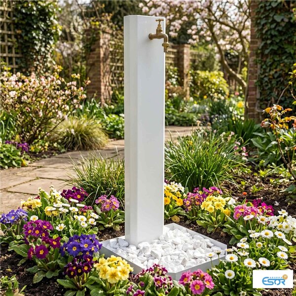 Fontana da giardino in acciaio bianca con rubinetto e base decorativa con ciottoli Dimensioni 40x40xh 100 cm con tubo rubinetto, flessibile e Gomito resistente al gelo Colore Corten