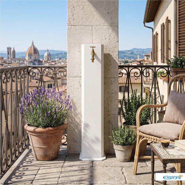 Fontana da giardino in acciaio bianca con rubinetto e base Dimensioni 8x6xh 100 cm con rubinetto, flessibile e Gomito resistente al gelo Colore BIANCO