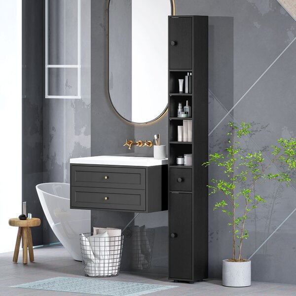 Kleankin Colonna contenitore armadio alto per bagno 1 cassetto 4 ripiani regolabili e 2 ante 20 x 20 x 180 cm nero | Aosom Italy