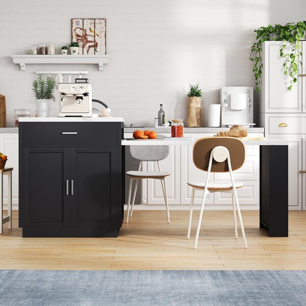 Isola da cucina con tavolo estensibile per 2-6 persone, dimensioni 211x55x89,5 cm, colore nero con effetto marmo bianco, realizzata in MDF, dotata di presa di corrente e spazio contenitivo