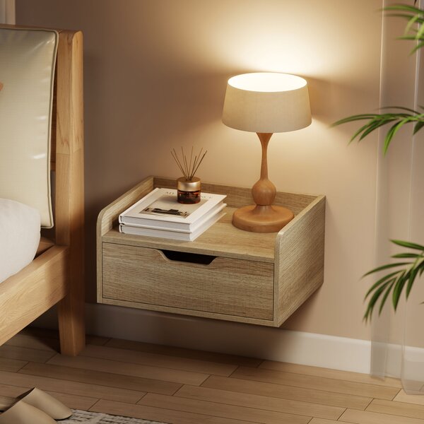 HOMCOM Set da 2 comodini da parete, comodini con cassetto e ripiano con bordi rialzati, 40x30x19,5cm, legno naturale | Aosom Italy