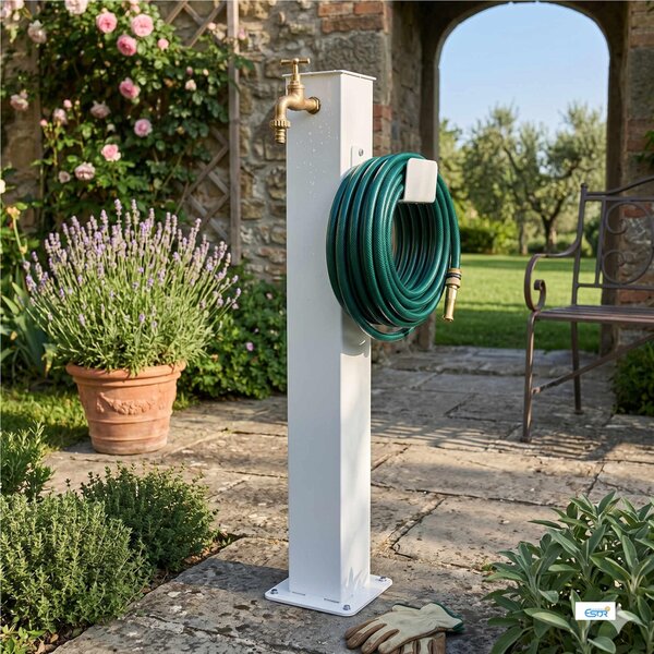 Fontana da giardino in acciaio bianca con rubinetto e base Dimensioni 20x20xh 95 cm con tubo rubinetto, flessibile e Gomito resistente al gelo Colore Corten