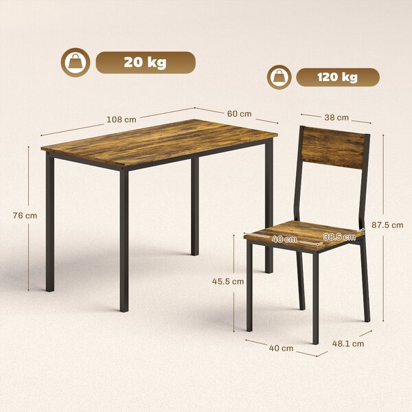 HOMCOM Set tavolo sala da pranzo con 4 sedie, tavolo da cucina con sedie 4 persone, gambe in metallo, marrone rustico | Aosom Italy