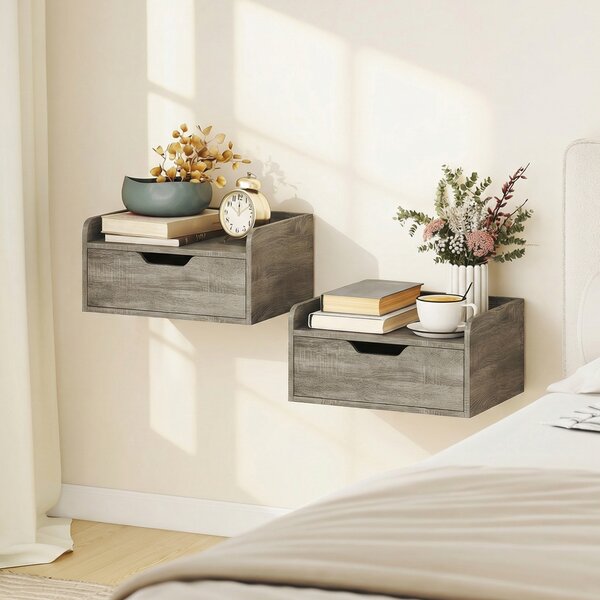 HOMCOM Set di 2 comodini da parete, comodini con cassetto e ripiano con bordi rialzati, 40x30x19,5cm, grigio | Aosom Italy