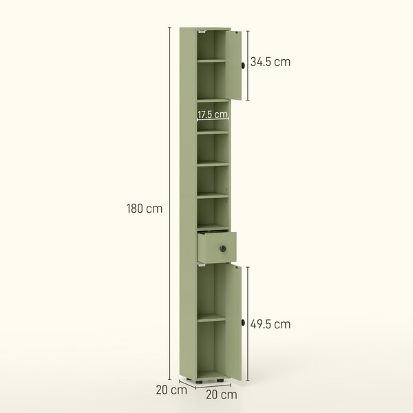 Kleankin Colonna contenitore armadio alto per bagno 1 cassetto 4 mensole regolabili e 2 armadietti 20 x 20 x 180 cm verde | Aosom Italy