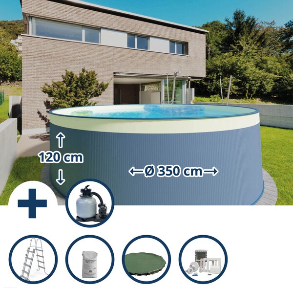Set piscina con pareti in acciaio (6 pezzi) alta rotonda 350 x 120 cm, acciaio 0,4 mm antracite telo 0,3 mm sabbia