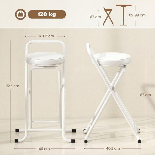 HOMCOM Sgabelli da Bar Pieghevoli Set da 2, senza Montaggio, Sgabelli da Bar, Seduta Imbottita 63H cm, Struttura in Acciaio, Bianco | Aosom Italy