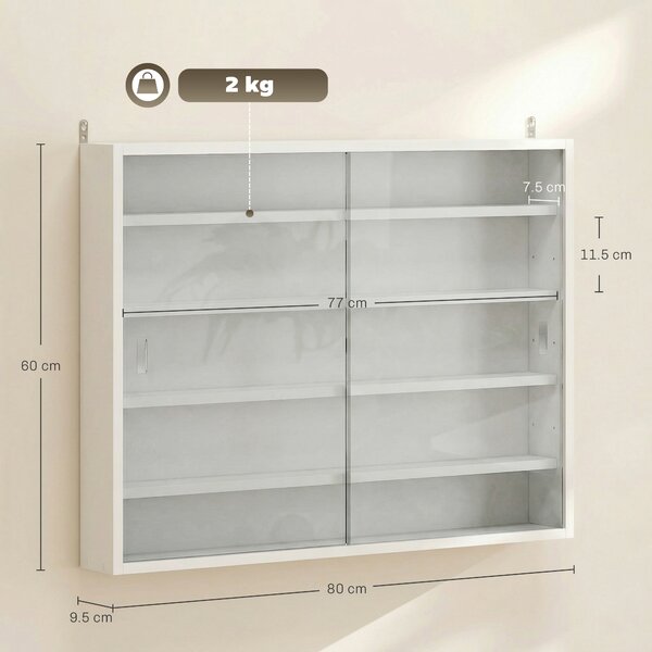 HOMCOM Vetrina da Parete in Legno con Ripiani Regolabili e 2 Ante Scorrevoli in Vetro 80x9,5x60 cm Bianco | Aosom Italy