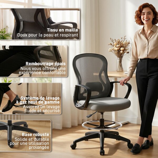 Vinsetto Sedia da ufficio ergonomica, poltrona da ufficio con poggiapiedi e braccioli, in rete, 59 x 65 x 123 cm, Grigio | Aosom Italy