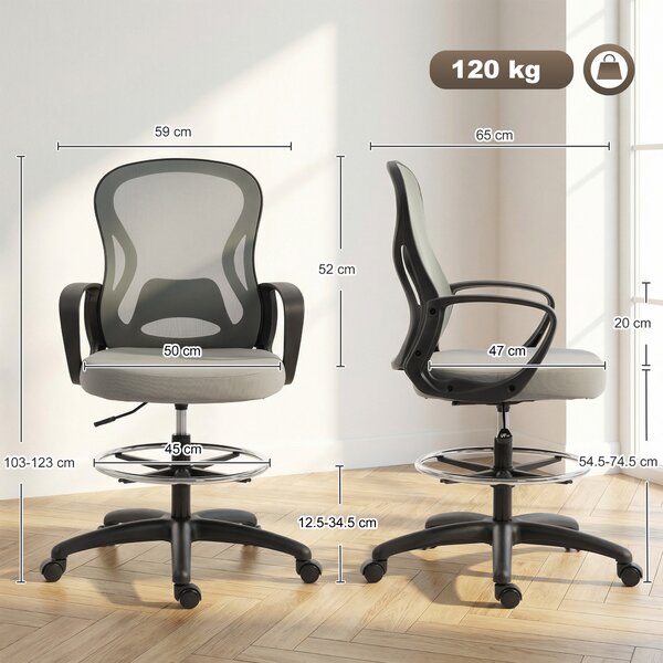 Vinsetto Sedia da ufficio ergonomica, poltrona da ufficio con poggiapiedi e braccioli, in rete, 59 x 65 x 123 cm, Grigio | Aosom Italy