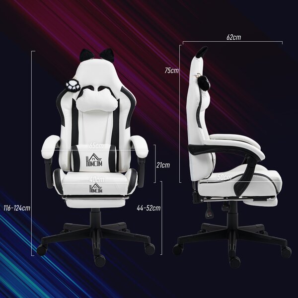 HOMCOM Sedia gaming ergonomica con Orecchie da Gatto, poltrona gamer con schienale reclinabile, 65 x 62 x 124 cm, bianco | Aosom Italy