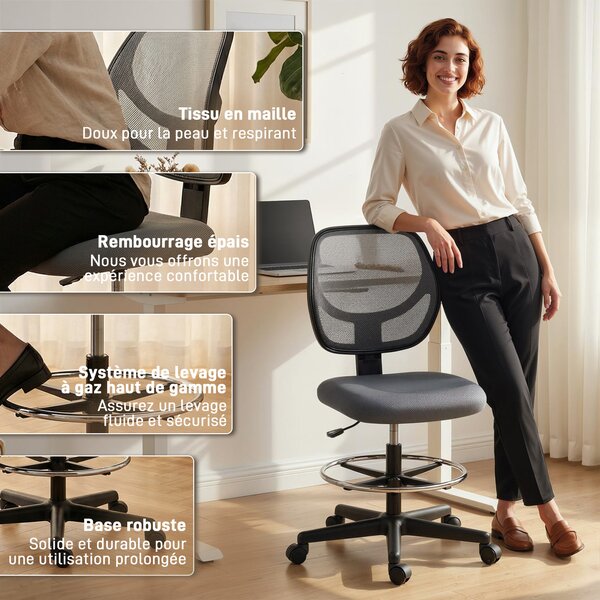 Vinsetto Sedia da ufficio ergonomica, poltrona da ufficio con poggiapiedi, sedia da disegno in rete, altezza regolabile, grigio scuro | Aosom Italy