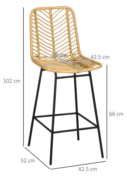 HOMCOM Set di 4 sgabelli da bar, sedie da bar, schienale in cannage e poggiapiedi, struttura in acciaio, 42,5x52x102cm, giallo | Aosom Italy