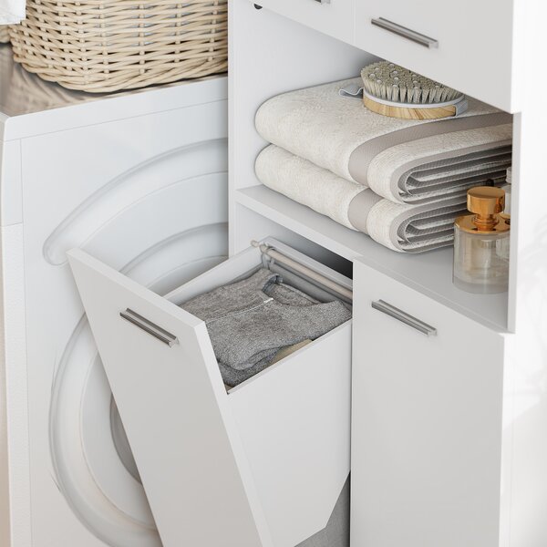 HOMCOM Armadio da bagno alto 174 cm con cesto estraibile per biancheria e porte a chiusura rallentata, Bianco | Aosom Italy