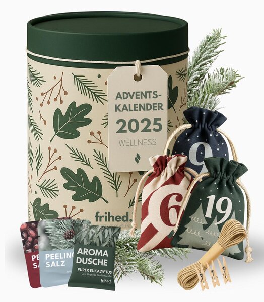 Frihed.® Calendario dell'Avvento Benessere 2025 - Idea regalo limitata per donne e uomini - Set regalo benessere con 24x sali peeling e bombe doccia